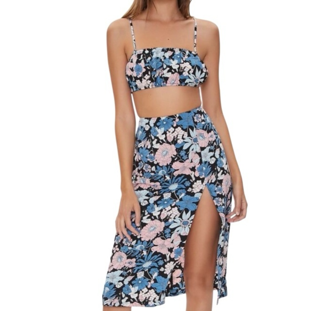 Forever 21 Floral Print Crop Top & Midi Skirt Set With Front Slit‎ Sz M